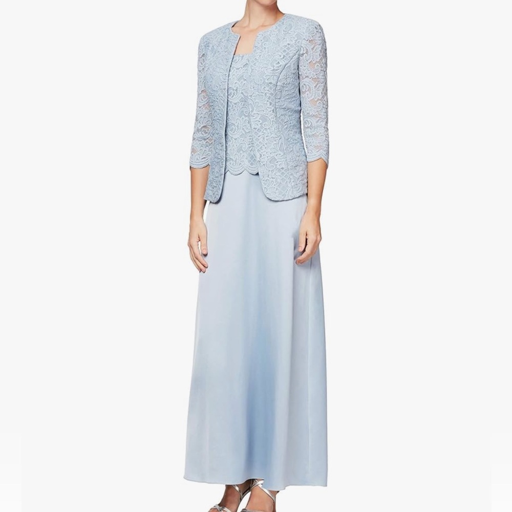 Alex Evenings 2 Pce Mother of The Bride Blue Dress + Lace Jacket Women's 14 New